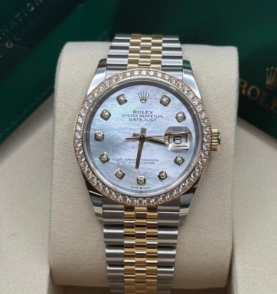 Rolex Datejust 36 New 2025 Mop Diamond Dial Two Tone Yellow Gold Diamond Bezel Jubilee Bracelet