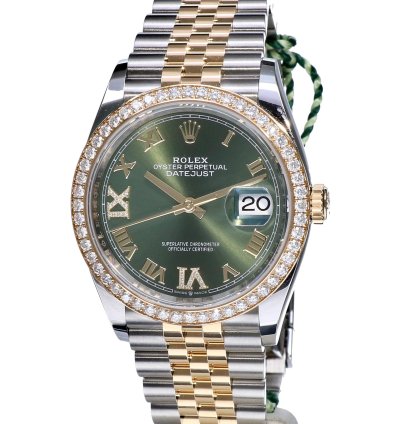 Rolex Datejust 36 Oyster Datejust Jubilee Gold Steel Olive Green Roman Diamonds 36 Mm Unworn 2023