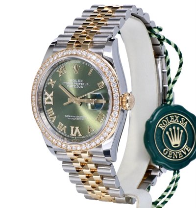 Rolex Datejust 36 Oyster Datejust Jubilee Gold Steel Olive Green Roman Diamonds 36 Mm Unworn 2023
