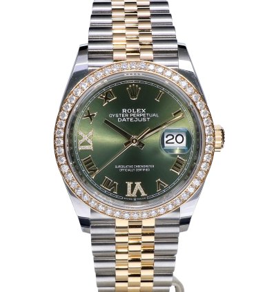 Rolex Datejust 36 Oyster Datejust Jubilee Gold Steel Olive Green Roman Diamonds 36 Mm Unworn 2023