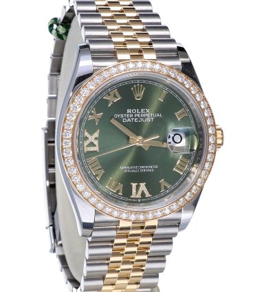 Rolex Datejust 36 Oyster Datejust Jubilee Gold Steel Olive Green Roman Diamonds 36 Mm Unworn 2023