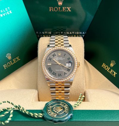 Rolex Datejust 36 Unworn Two Tone Yellow Gold Datejust 36mm Wimbledon Dial Diamond Bezel 126283rbr