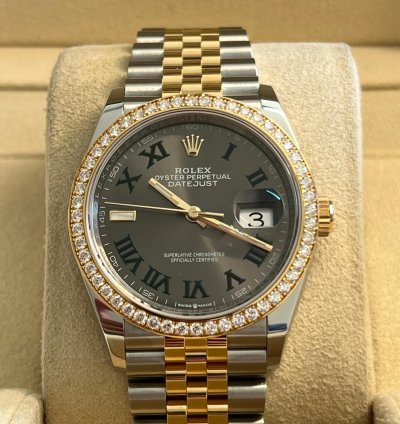 Rolex Datejust 36 Unworn Two Tone Yellow Gold Datejust 36mm Wimbledon Dial Diamond Bezel 126283rbr