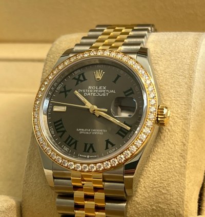 Rolex Datejust 36 Unworn Two Tone Yellow Gold Datejust 36mm Wimbledon Dial Diamond Bezel 126283rbr