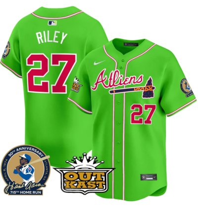 Austin Riley Jersey 27 Atlanta Braves Atliens Hank Aaron Patch Limited Stitched Bright Green