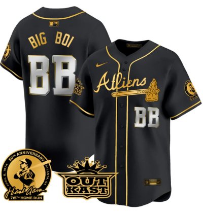 Big Boi Jersey bb Atlanta Braves Atliens Hank Aaron Patch Limited Stitched Black Gold