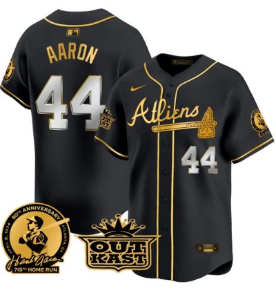 Hank Aaron Jersey 44 Atlanta Braves Atliens Patch Limited Stitched Black Gold