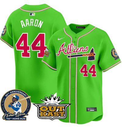 Hank Aaron Jersey 44 Atlanta Braves Atliens Patch Limited Stitched Bright Green
