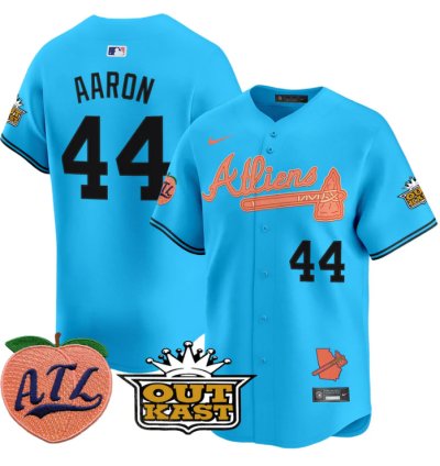 Hank Aaron Jersey 44 Atlanta Braves Atliens Peach Vapor Premier Limited Stitched Light Blue