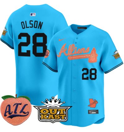 Matt Olson Jersey 28 Atlanta Braves Atliens Peach Vapor Premier Limited Stitched Light Blue