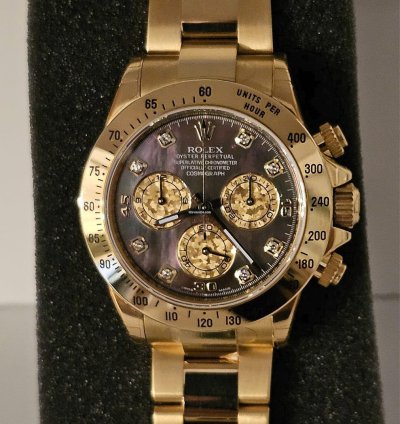 Rolex Daytona 116528 Yellow Gold Diamonds Tahiti Mother Of Pearl Dial Full Set Stickers