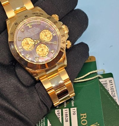 Rolex Daytona 116528 Yellow Gold Diamonds Tahiti Mother Of Pearl Dial Full Set Stickers