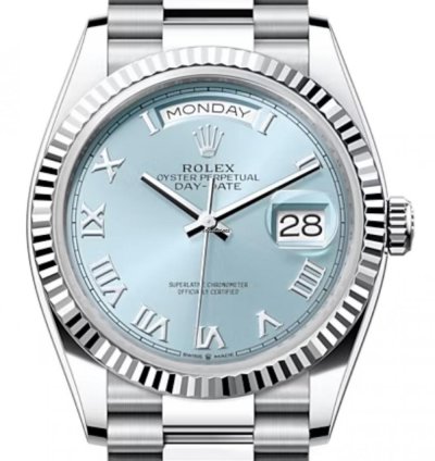 Rolex Day-date 36 128236 36mm Platinum Bracelet Ice Blue Roman Dial Unworn 2023