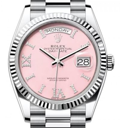 Rolex Day-date 36 128236 36mm Platinum Bracelet Pink Opal Diamond Dial Unworn 2023