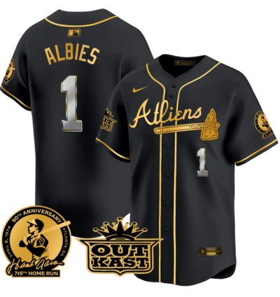 Ozzie Albies Jersey 1 Atlanta Braves Atliens Hank Aaron Patch Limited Stitched Black Gold