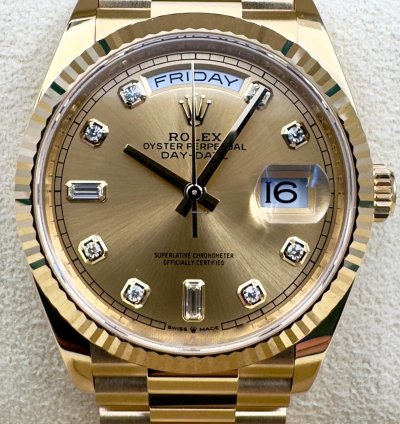 Rolex Day-date 36 128238 36mm Yellow Gold Champagne Diamond Dial Unworn 2023