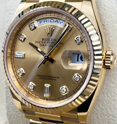 Rolex Day-date 36 128238 36mm Yellow Gold Champagne Diamond Dial Unworn 2023