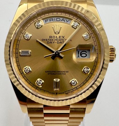 Rolex Day-date 36 128238 36mm Yellow Gold Champagne Diamond Dial Unworn 2023