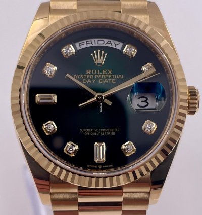 Rolex Day-date 36 128238 36mm Yellow Gold Green Ombre Diamond Dial Unworn 2023