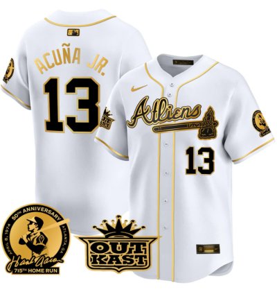 Ronald Acuna Jr Jersey 13 Atlanta Braves Atliens Hank Aaron Patch Limited Stitched White Gold