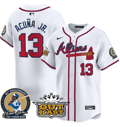 Ronald Acuna Jr Jersey 13 Atlanta Braves Atliens Hank Aaron Patch Limited Stitched White