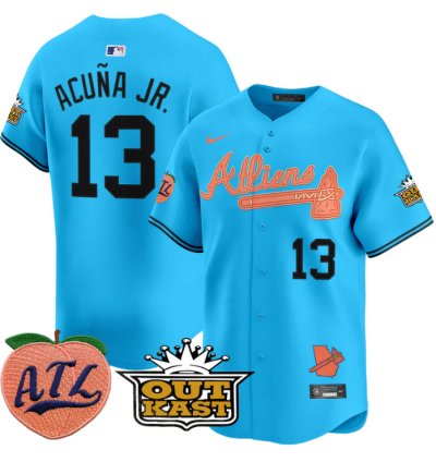 Ronald Acuna Jr Jersey 13 Atlanta Braves Atliens Peach Vapor Premier Limited Stitched Light Blue