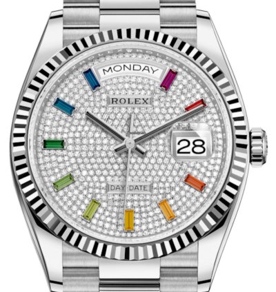 Rolex Day-date 36 128239 36mm White Gold Pave Rainbow Dial Unworn 2023