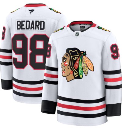 Mens Chicago Blackhawks 98 Connor Bedard Away Premium Jersey White
