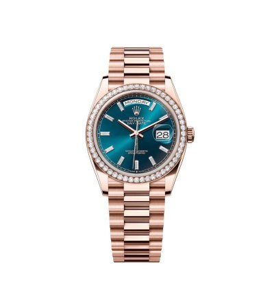 Rolex Day-date 36 128345rbr Rose Gold Diamond Bezel Blue-green Baguette Marker Dial