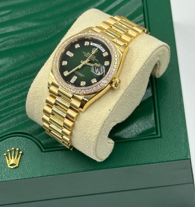 Rolex Day-date 36 128348rbr Green Bezel Ombr Diamond Dial Yellow Gold President Diamond Bezel