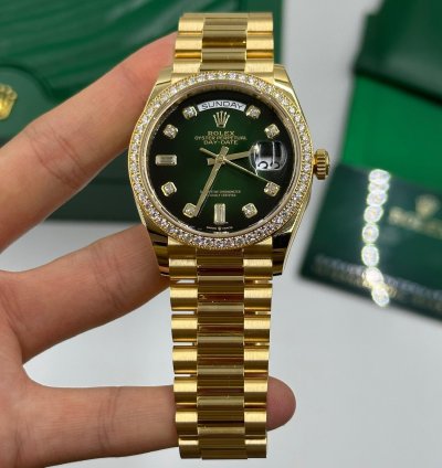 Rolex Day-date 36 128348rbr Green Bezel Ombr Diamond Dial Yellow Gold President Diamond Bezel