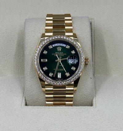 Rolex Day-date 36 128348rbr Green Bezel Ombr Diamond Dial Yellow Gold President Diamond Bezel