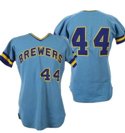 Milwaukee Brewers Hank Aaron Blue 1975 Throwback Pullover Jersey
