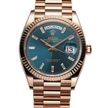 Rolex Day-date 36 36mm 18k Everose Gold President Blue-green Baguette Diamond Dial