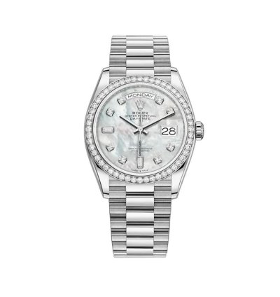 Rolex Day-date 36 36mm 18k White Gold President Diamond Bezel Mop Baguette Diamond Dial