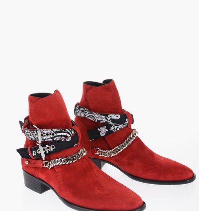 Leather Suede Bandana Boots With Chain And Straps