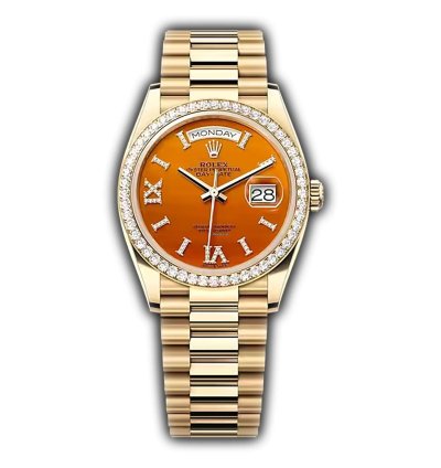 Rolex Day-date 36 36mm 18k Yellow Gold President Diamond Bezel Carnelian Diamond Dial