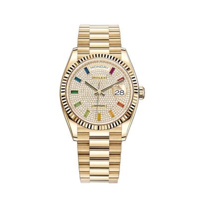 Rolex Day-date 36 36mm 18k Yellow Gold President Diamond Pav Rainbow Dial