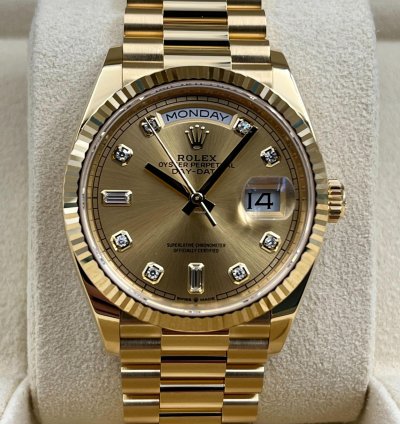 Rolex Day-date 36 36mm Champagne Diamond Dial Yellow Gold Bracelet 128238 Unworn 2023