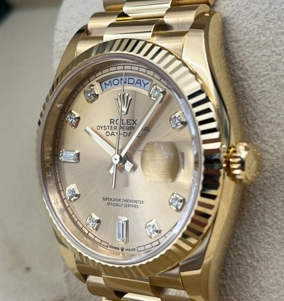 Rolex Day-date 36 36mm Champagne Diamond Dial Yellow Gold Bracelet 128238 Unworn 2023