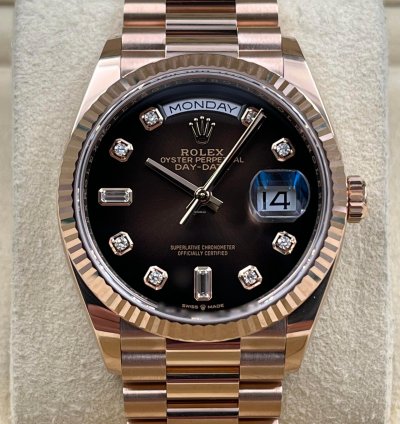 Rolex Day-date 36 36mm Chocolate Diamond Dial Rose Gold Bracelet 128235a Unworn 2023