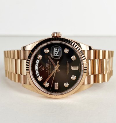 Rolex Day-date 36 36mm Fluted Bezel Everose Gold Chocolate Diamond Dial Presidential Band