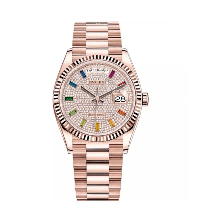 Rolex Day-date 36 36mm Fluted Bezel Everose Gold Pave Rainbow Baguette Diamond Dial 128235