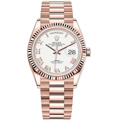 Rolex Day-date 36 36mm Fluted Bezel Everose Gold White Roman Dial Presidential Band 128235