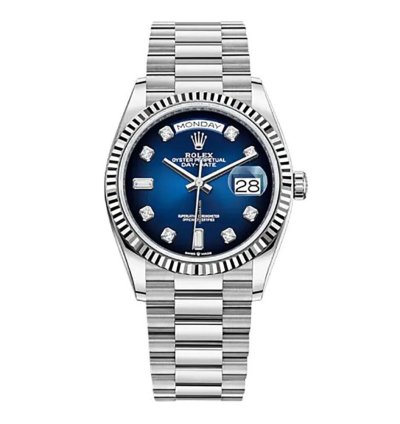 Rolex Day-date 36 36mm Fluted Bezel White Gold Blue Diamond Dial Presidential Band