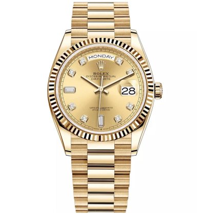 Rolex Day-date 36 36mm Fluted Bezel Yellow Gold Champagne Diamond Dial Presidential Bracelet 128238