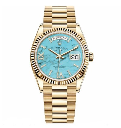 Rolex Day-date 36 36mm Fluted Bezel Yellow Gold Turquoise Roman Diamond Dial 128238