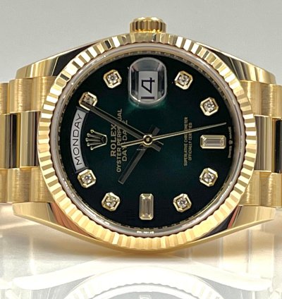 Rolex Day-date 36 36mm Green Ombre Diamond Dial Yellow Gold Bracelet 128238 Unworn 2023