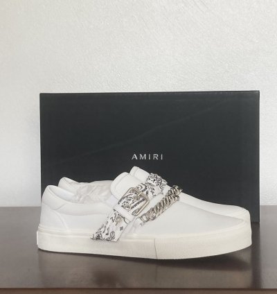 New Amiri Bandana Buckle White Leather Slip On Sneakers Sz 8