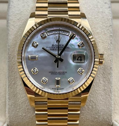 Rolex Day-date 36 36mm Mother Of Pearl Dial Yellow Gold Bracelet 128238 Unworn 2023